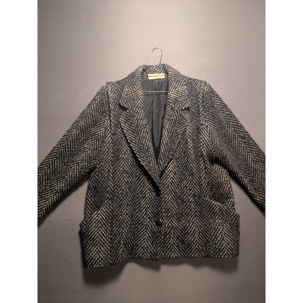 Braefair Blazer Jacket Women's 16 Black Lined Herringbone Tweed Single Breasted